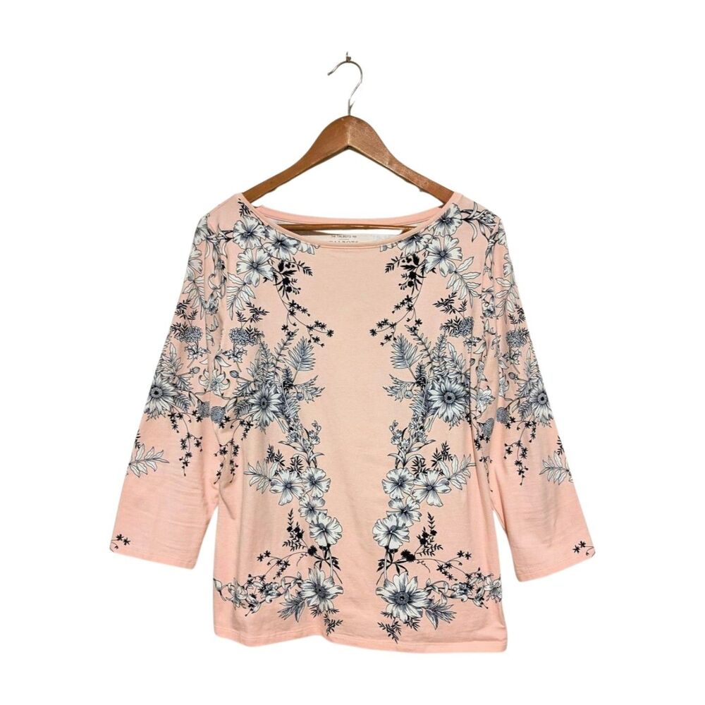 Talbots Blue Floral Boat Neck Tee Shirt 3/4 Sleeve L Cotton Spandex Pink Top